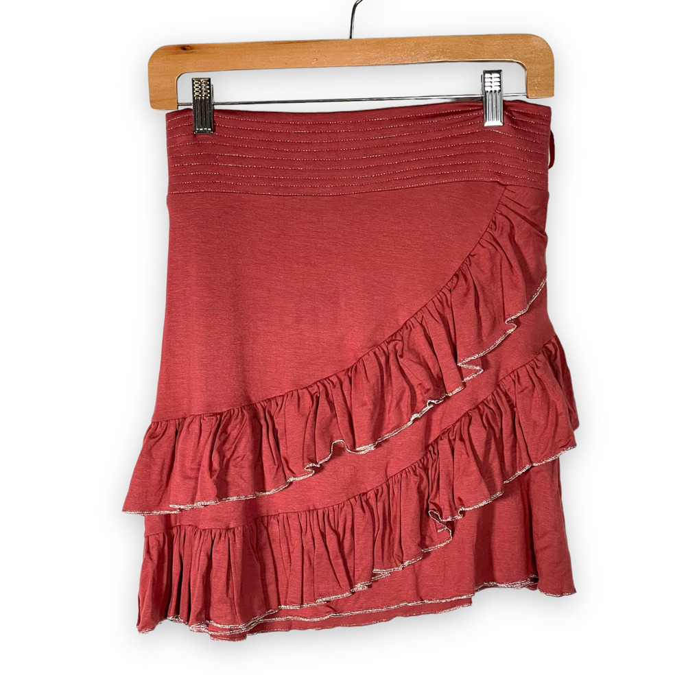 NEW NWT Gadogado Coral Brick Red Mini Skirt w Ruffled Tiers Slip On Sizes S & L